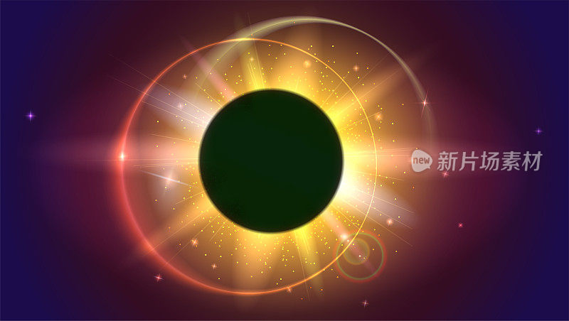 Glow light effect. The planet covering the Sun, Solar eclipse, astronomical phenomenon - full sun eclipse. Light rays and lens flare on space backdrop